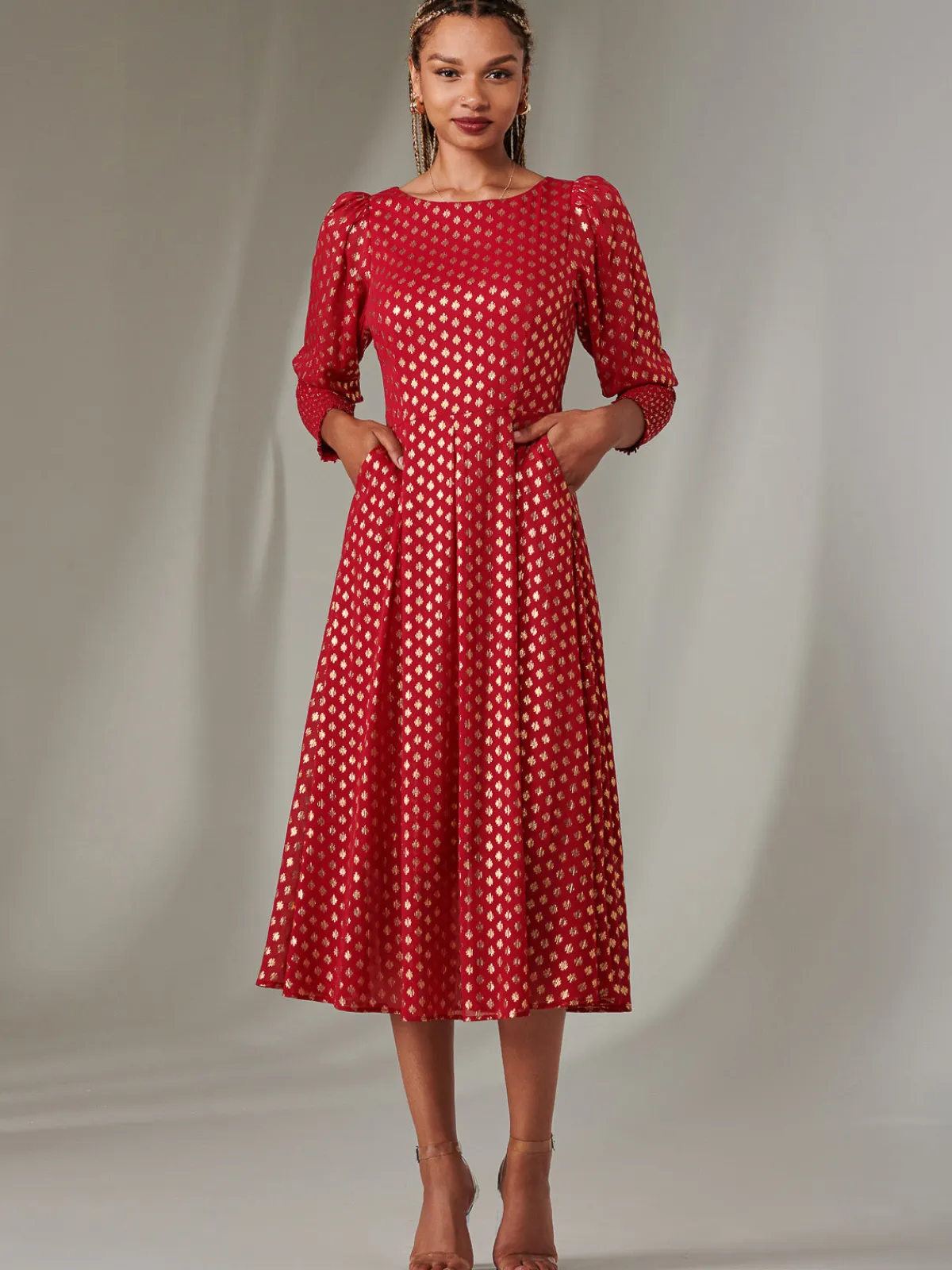 Jolie Moi Occasion Dresses|Long Sleeved Dresses-Puff Sleeve Gold Spotty Midaxi Dress, Dark Red