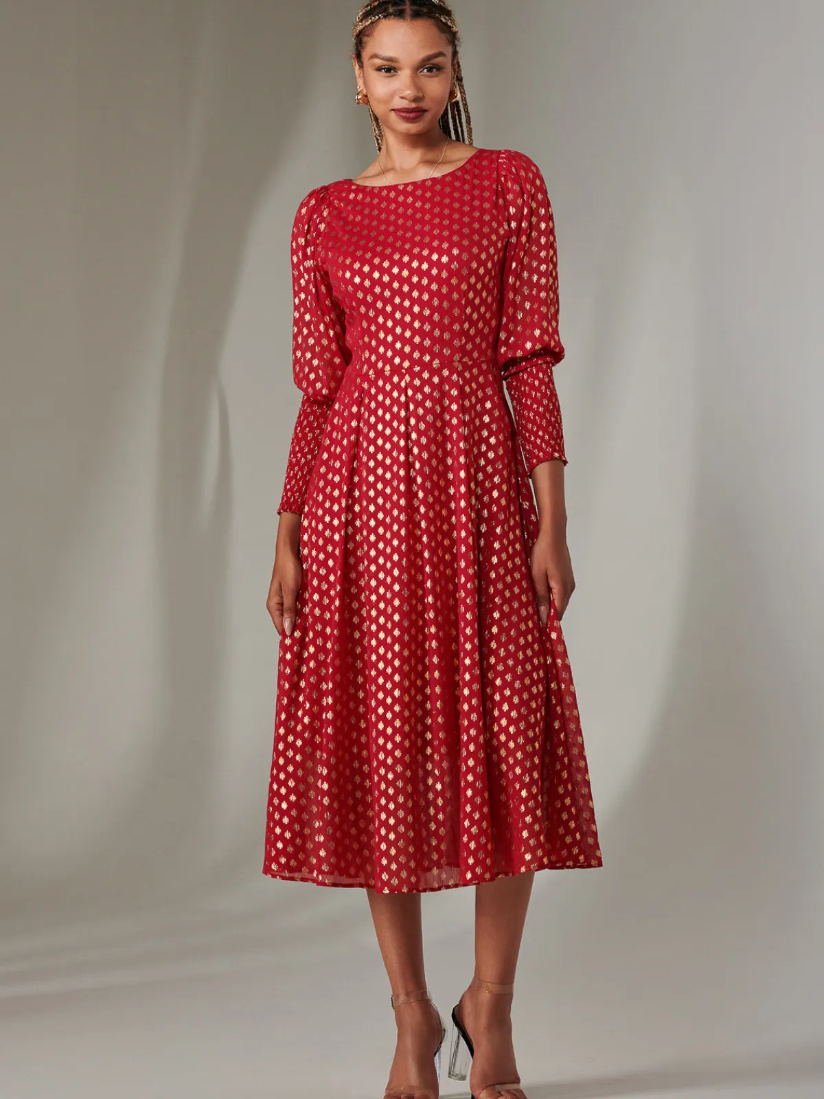 Jolie Moi Occasion Dresses|Long Sleeved Dresses-Puff Sleeve Gold Spotty Midaxi Dress, Dark Red