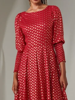 Jolie Moi Occasion Dresses|Long Sleeved Dresses-Puff Sleeve Gold Spotty Midaxi Dress, Dark Red