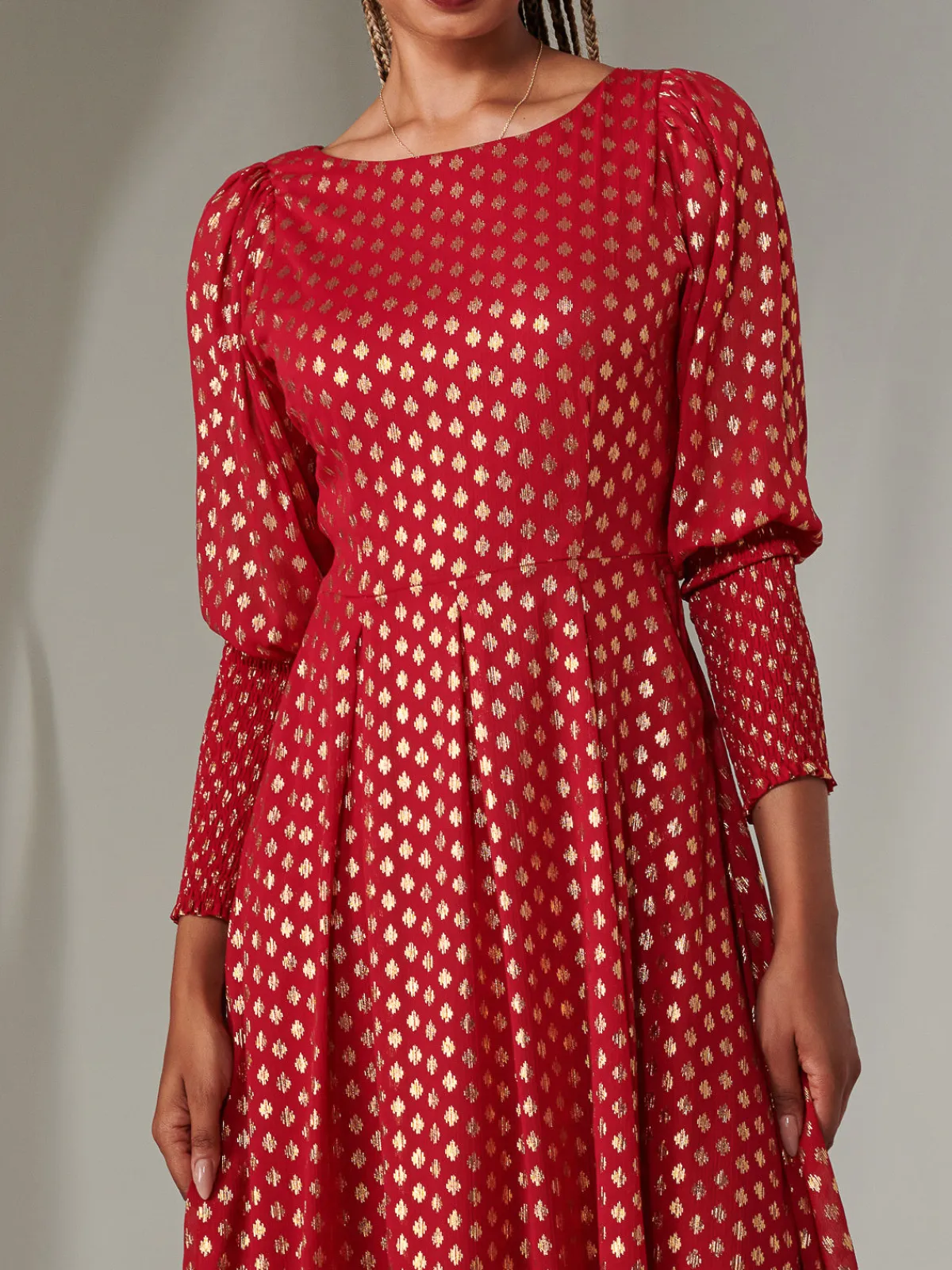Jolie Moi Occasion Dresses|Long Sleeved Dresses-Puff Sleeve Gold Spotty Midaxi Dress, Dark Red