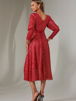 Jolie Moi Occasion Dresses|Long Sleeved Dresses-Puff Sleeve Gold Spotty Midaxi Dress, Dark Red