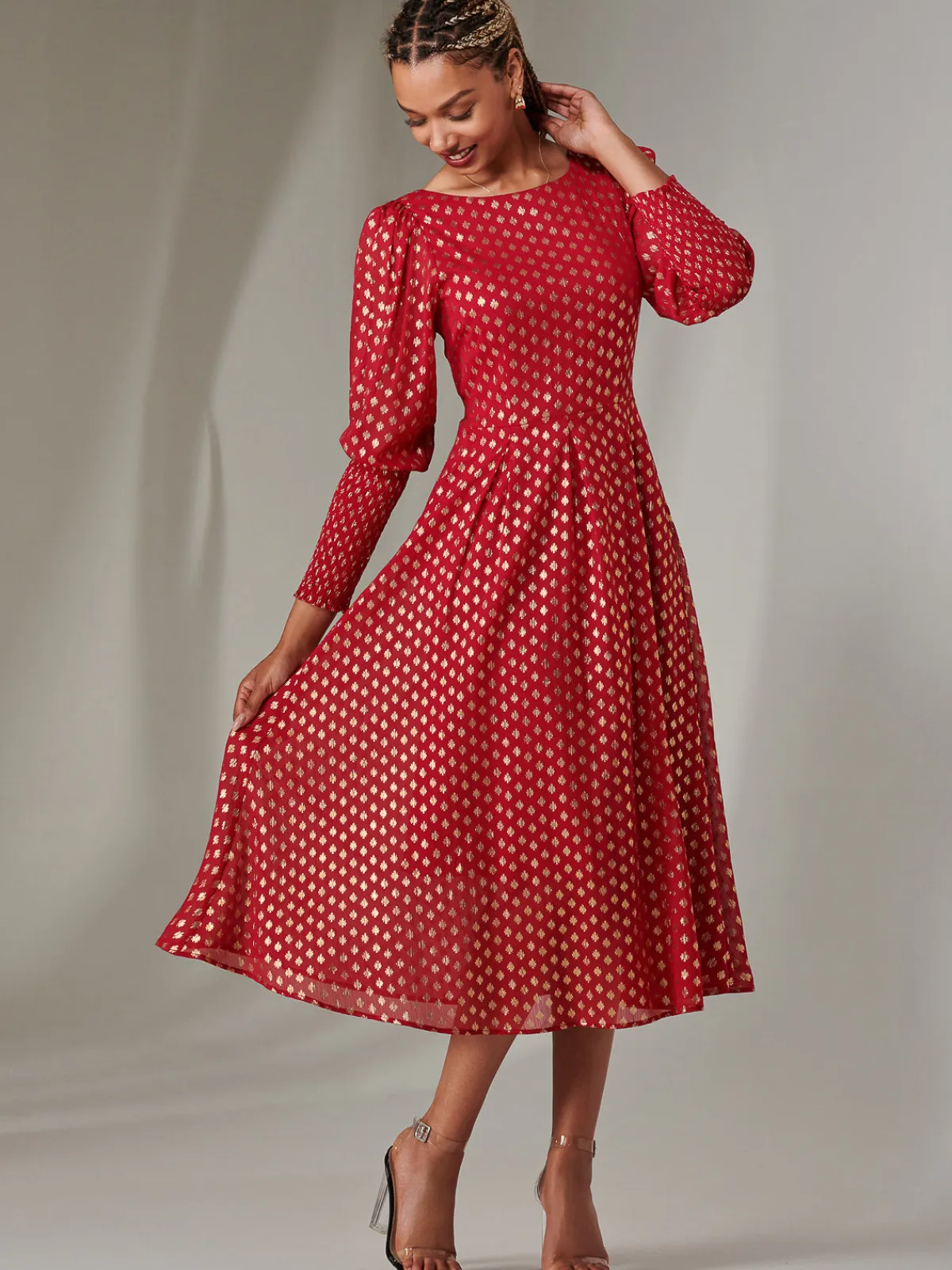 Jolie Moi Occasion Dresses|Long Sleeved Dresses-Puff Sleeve Gold Spotty Midaxi Dress, Dark Red