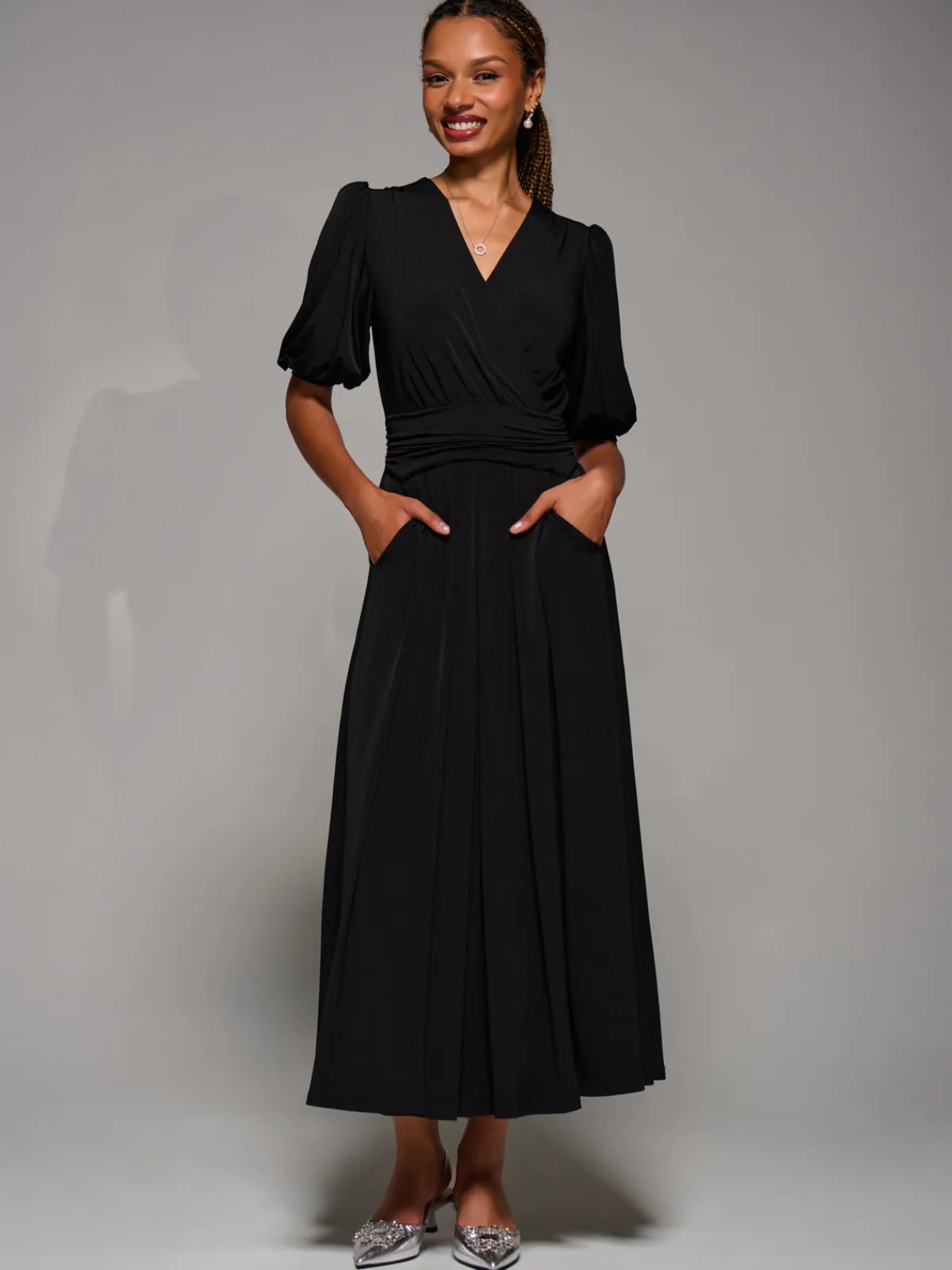 Jolie Moi Occasion Dresses|Jersey Dresses-Puff Sleeve Jersey Maxi Dress, Black