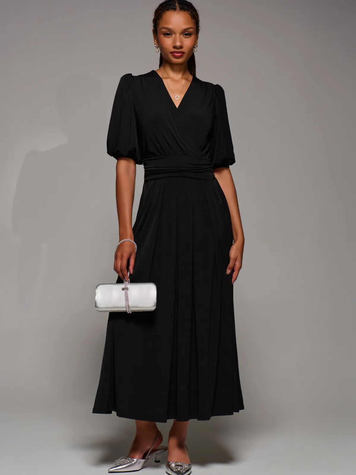 Jolie Moi Occasion Dresses|Jersey Dresses-Puff Sleeve Jersey Maxi Dress, Black