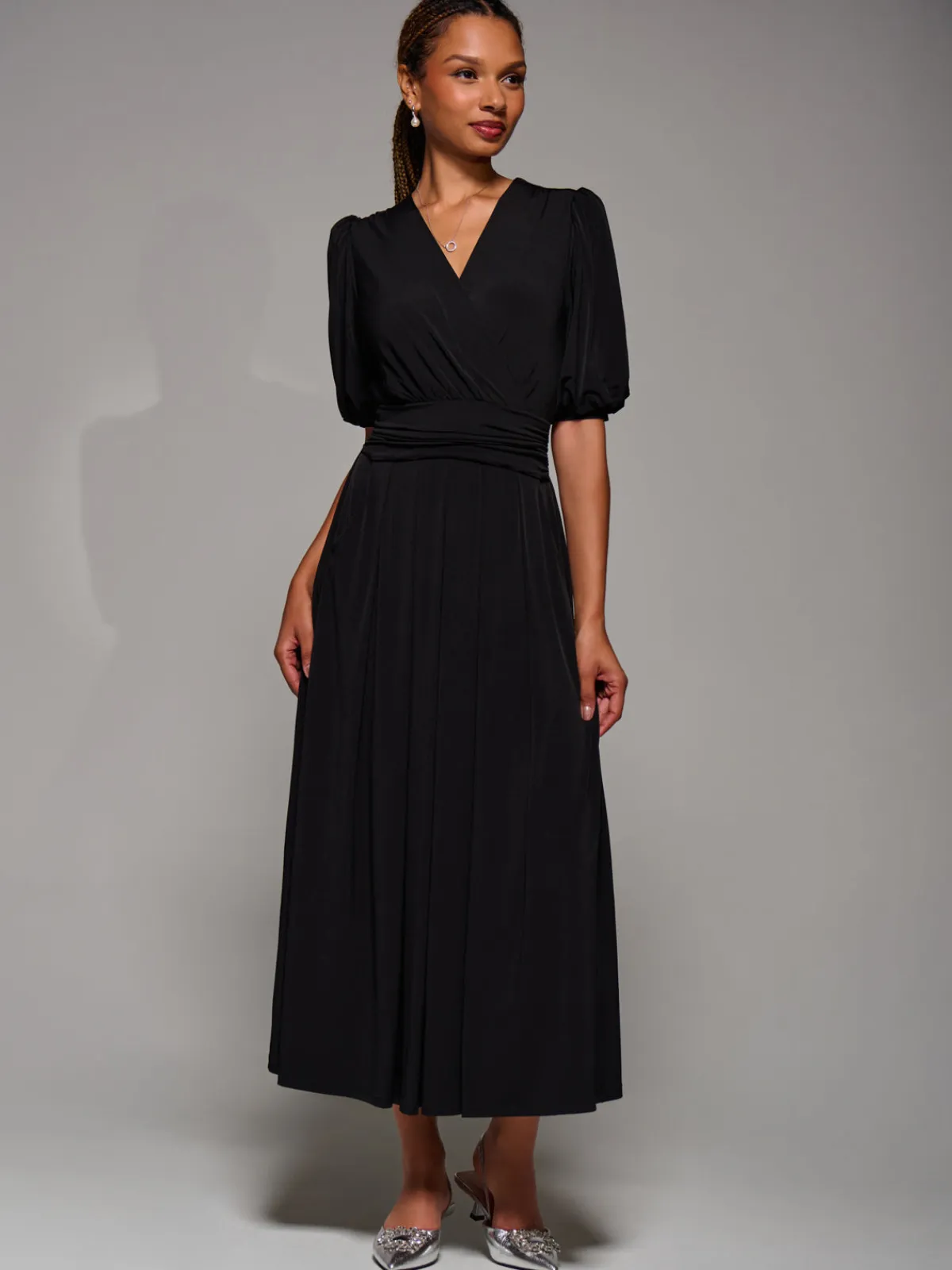 Jolie Moi Occasion Dresses|Jersey Dresses-Puff Sleeve Jersey Maxi Dress, Black