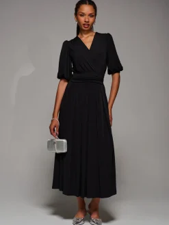 Jolie Moi Occasion Dresses|Jersey Dresses-Puff Sleeve Jersey Maxi Dress, Black