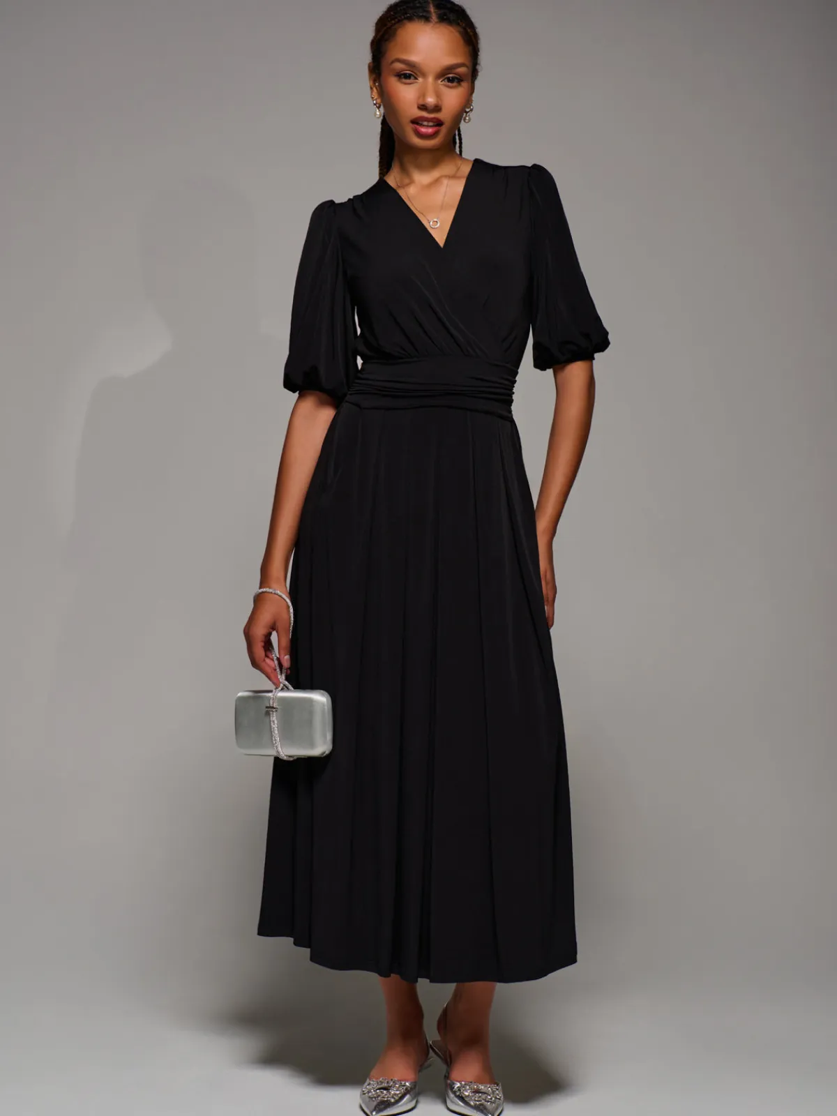 Jolie Moi Occasion Dresses|Jersey Dresses-Puff Sleeve Jersey Maxi Dress, Black