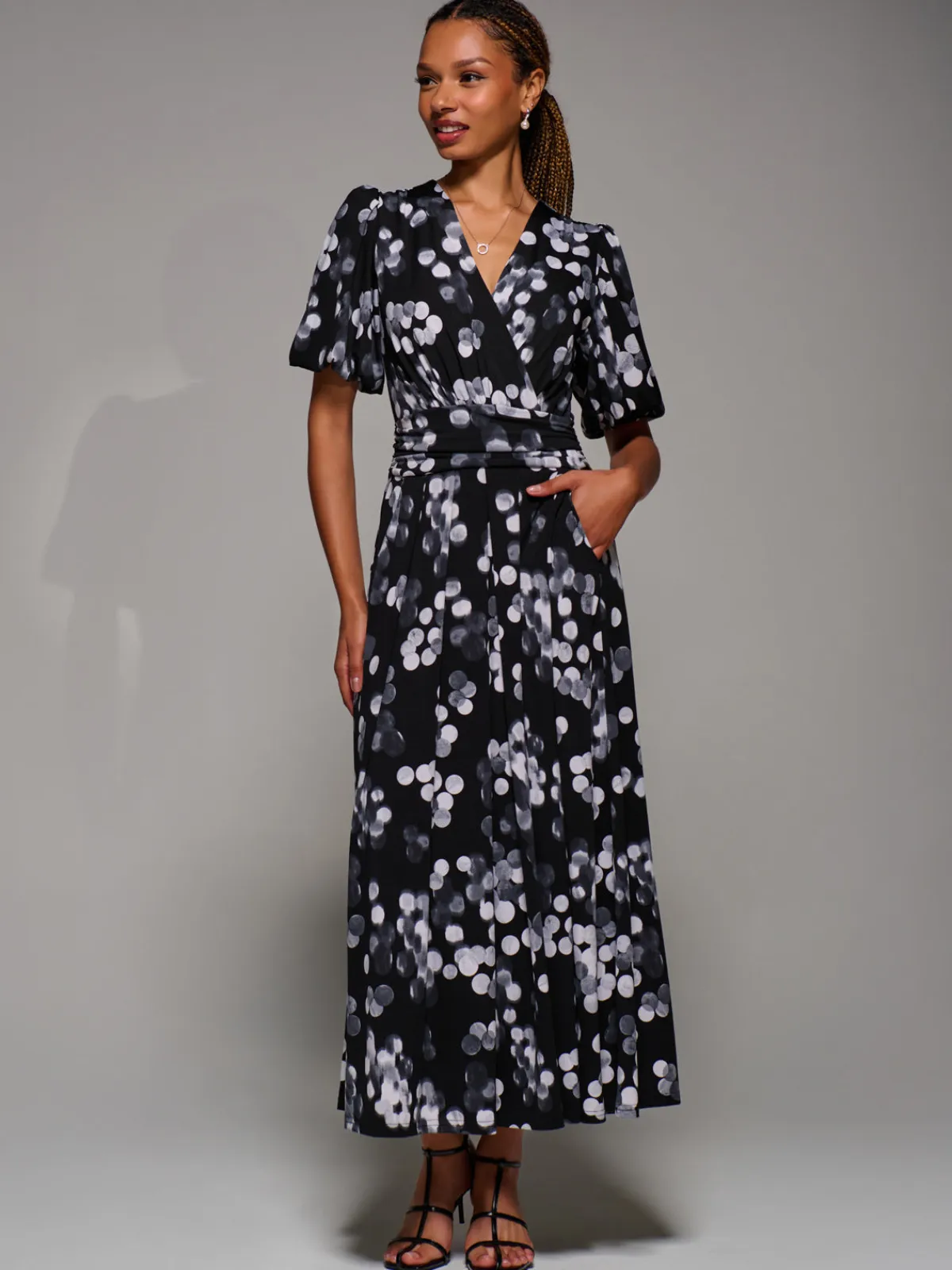Jolie Moi Occasion Dresses|Jersey Dresses-Puff Sleeve Jersey Maxi Dress, Black Spot