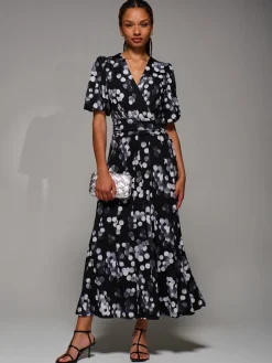 Jolie Moi Occasion Dresses|Jersey Dresses-Puff Sleeve Jersey Maxi Dress, Black Spot