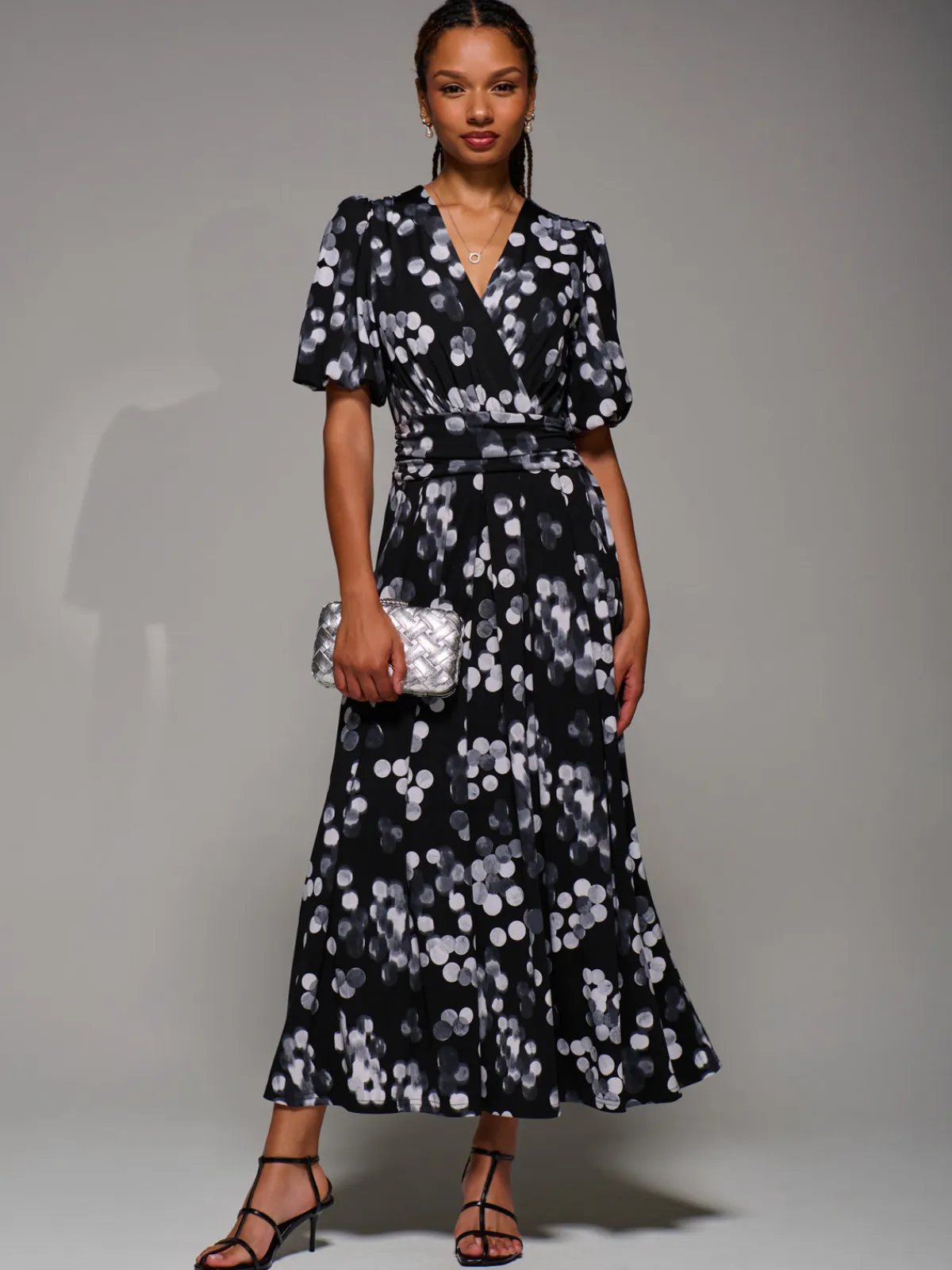 Jolie Moi Occasion Dresses|Jersey Dresses-Puff Sleeve Jersey Maxi Dress, Black Spot