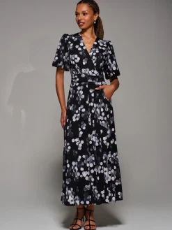 Jolie Moi Occasion Dresses|Jersey Dresses-Puff Sleeve Jersey Maxi Dress, Black Spot