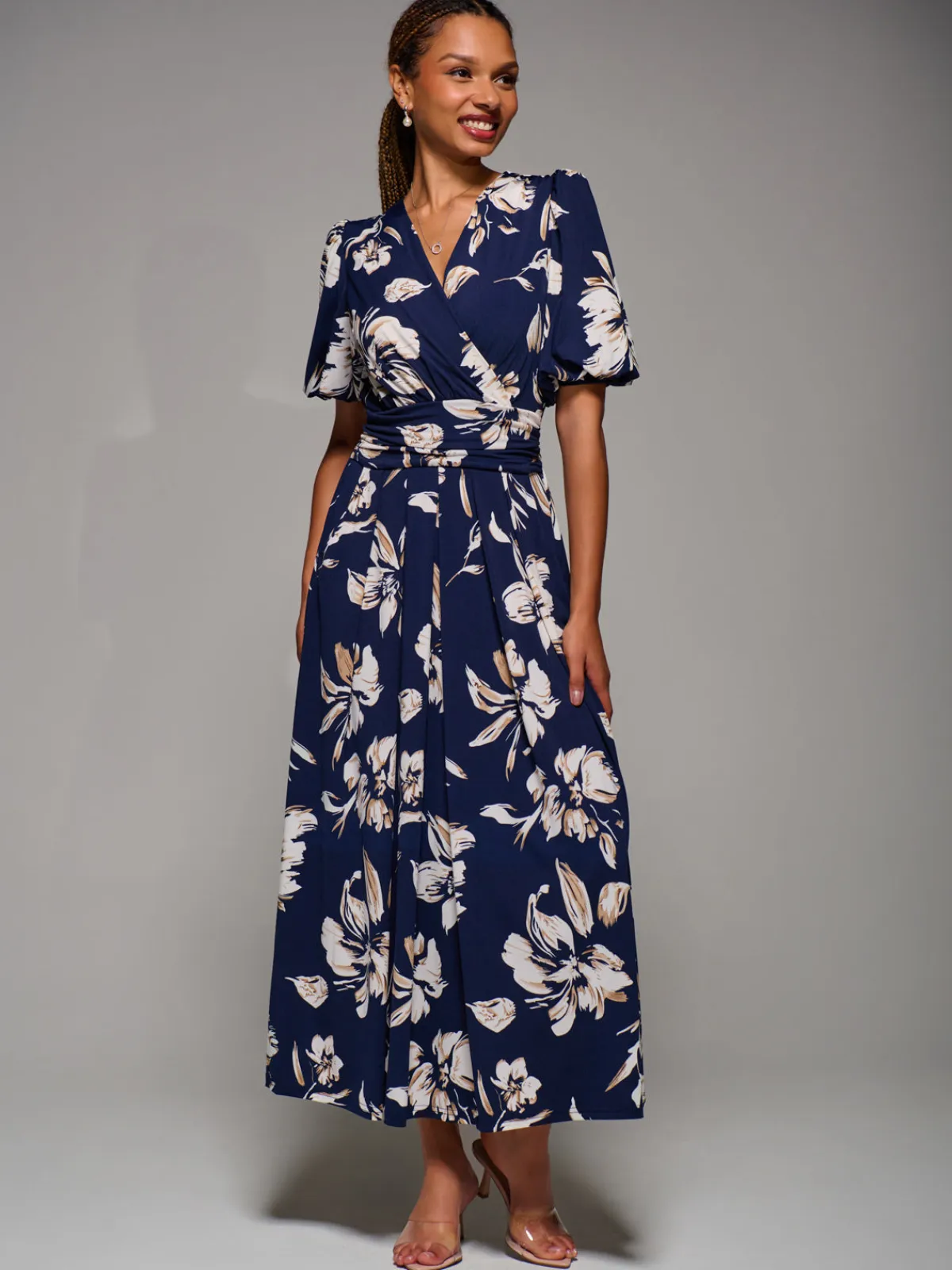 Jolie Moi Occasion Dresses|Floral Dresses-Puff Sleeve Jersey Maxi Dress, Navy Floral