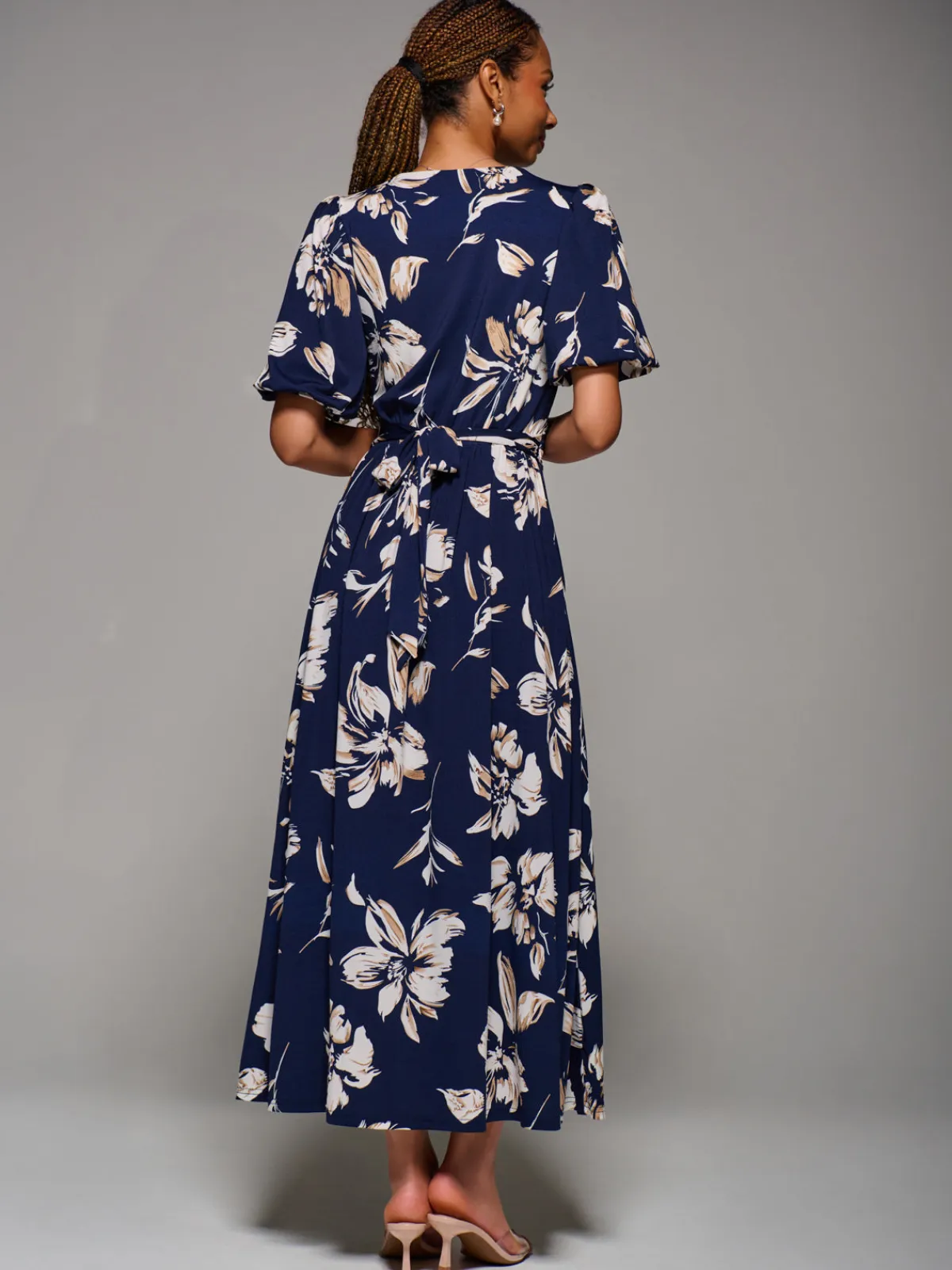Jolie Moi Occasion Dresses|Floral Dresses-Puff Sleeve Jersey Maxi Dress, Navy Floral