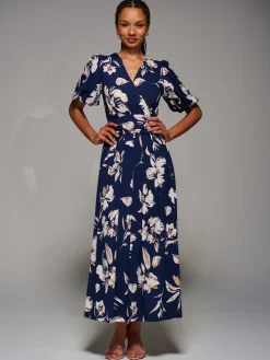 Jolie Moi Occasion Dresses|Floral Dresses-Puff Sleeve Jersey Maxi Dress, Navy Floral
