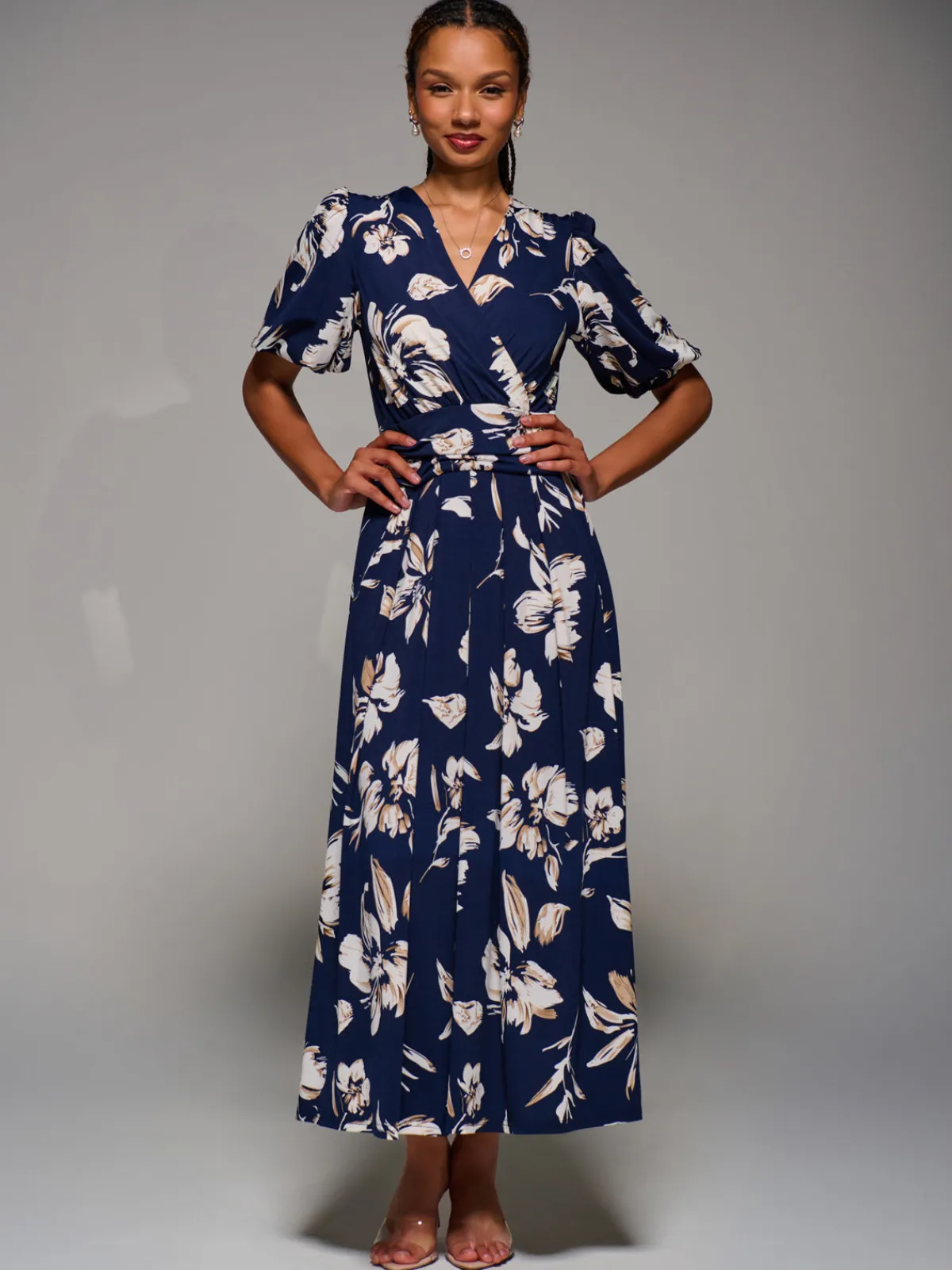 Jolie Moi Occasion Dresses|Floral Dresses-Puff Sleeve Jersey Maxi Dress, Navy Floral