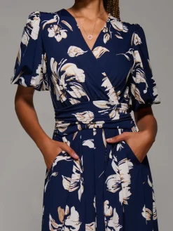 Jolie Moi Occasion Dresses|Floral Dresses-Puff Sleeve Jersey Maxi Dress, Navy Floral