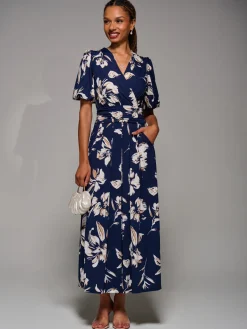 Jolie Moi Occasion Dresses|Floral Dresses-Puff Sleeve Jersey Maxi Dress, Navy Floral