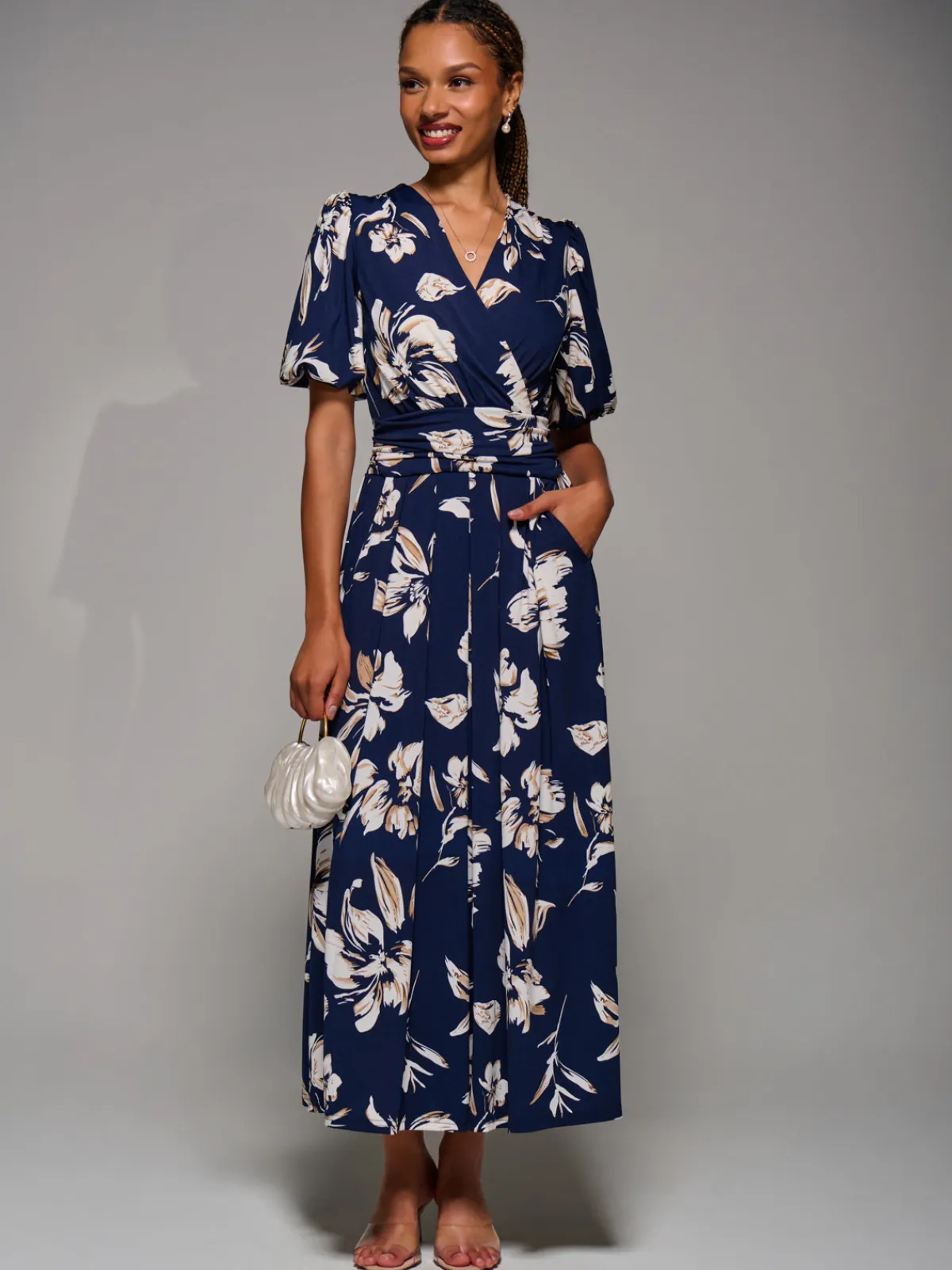 Jolie Moi Occasion Dresses|Floral Dresses-Puff Sleeve Jersey Maxi Dress, Navy Floral