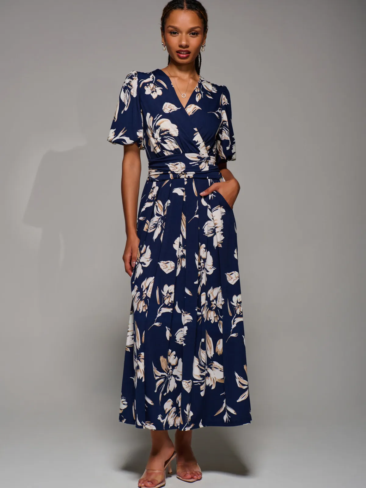 Jolie Moi Occasion Dresses|Floral Dresses-Puff Sleeve Jersey Maxi Dress, Navy Floral
