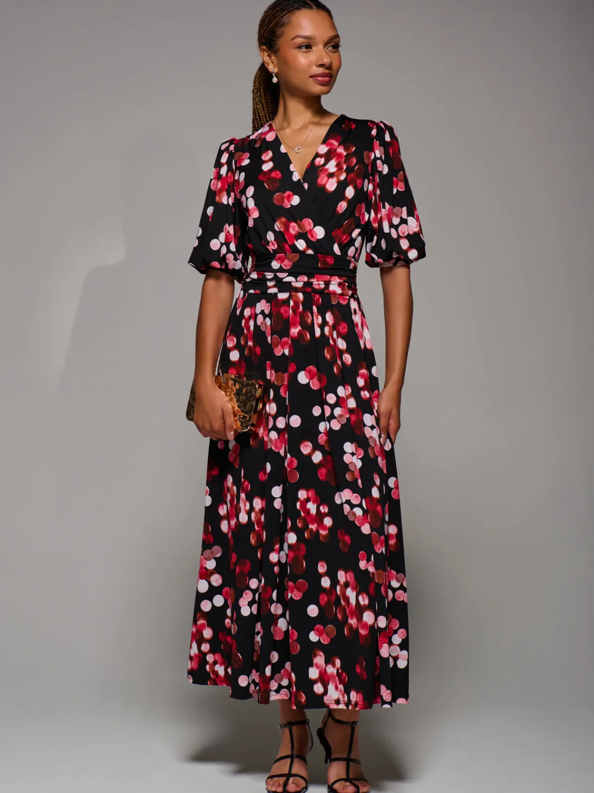 Jolie Moi Occasion Dresses|Jersey Dresses-Puff Sleeve Jersey Maxi Dress, Red Spot