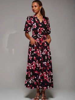 Jolie Moi Occasion Dresses|Jersey Dresses-Puff Sleeve Jersey Maxi Dress, Red Spot