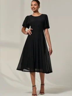 Jolie Moi Occasion Dresses|Mesh Dresses-Puff Sleeve Mesh Midi Dress, Black
