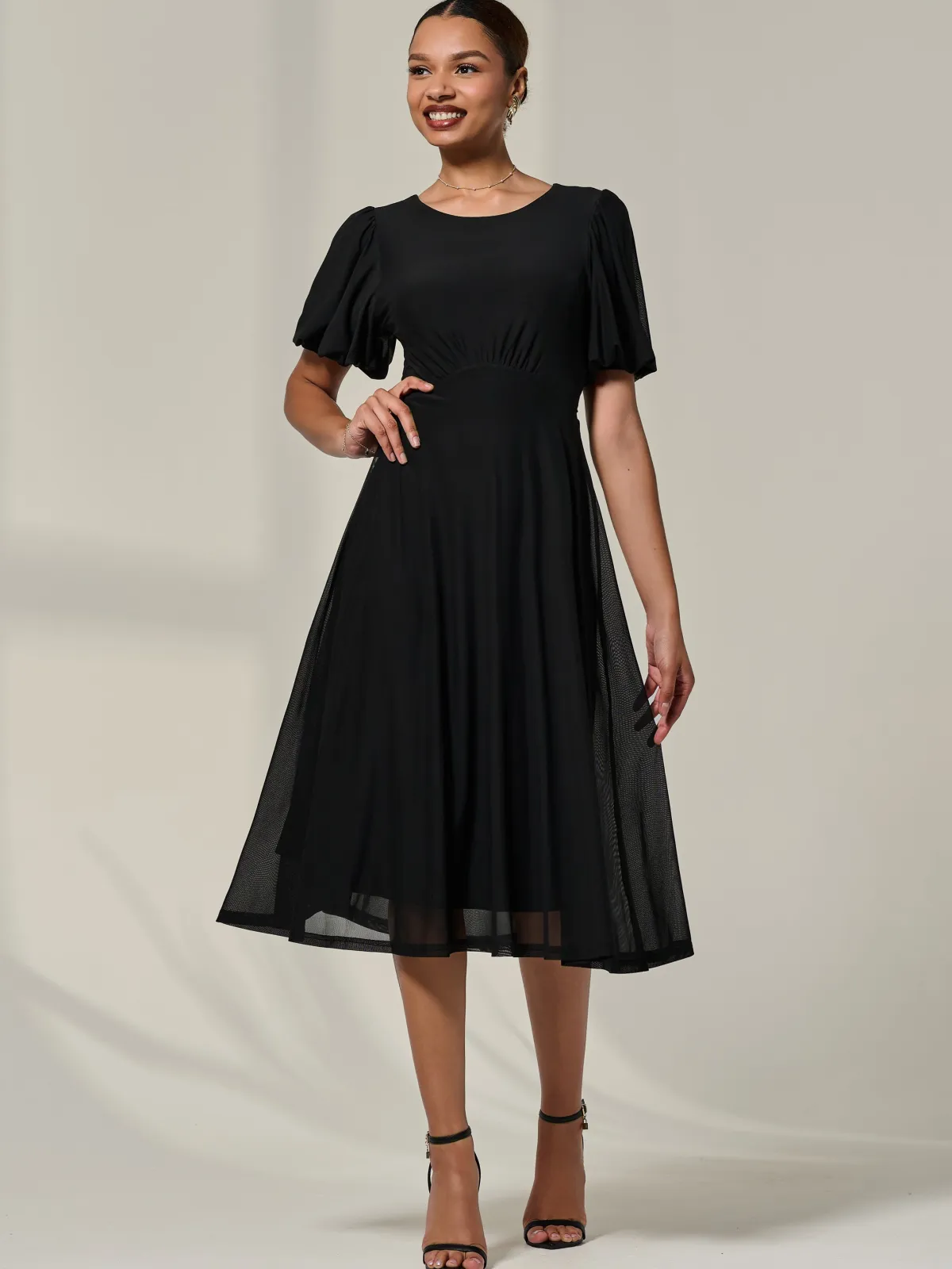 Jolie Moi Occasion Dresses|Mesh Dresses-Puff Sleeve Mesh Midi Dress, Black