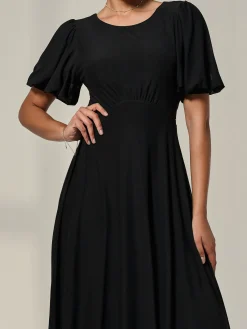 Jolie Moi Occasion Dresses|Mesh Dresses-Puff Sleeve Mesh Midi Dress, Black