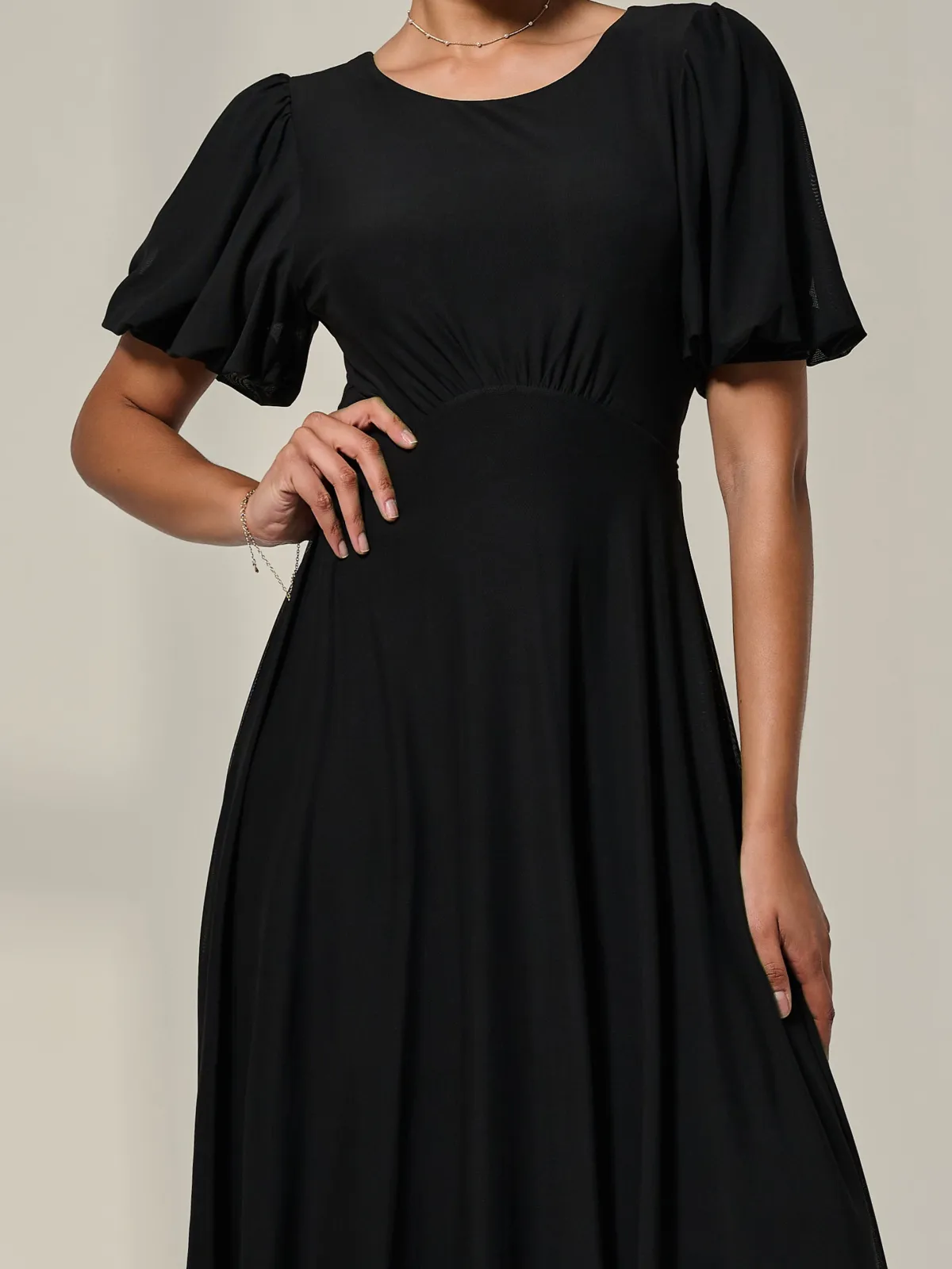 Jolie Moi Occasion Dresses|Mesh Dresses-Puff Sleeve Mesh Midi Dress, Black
