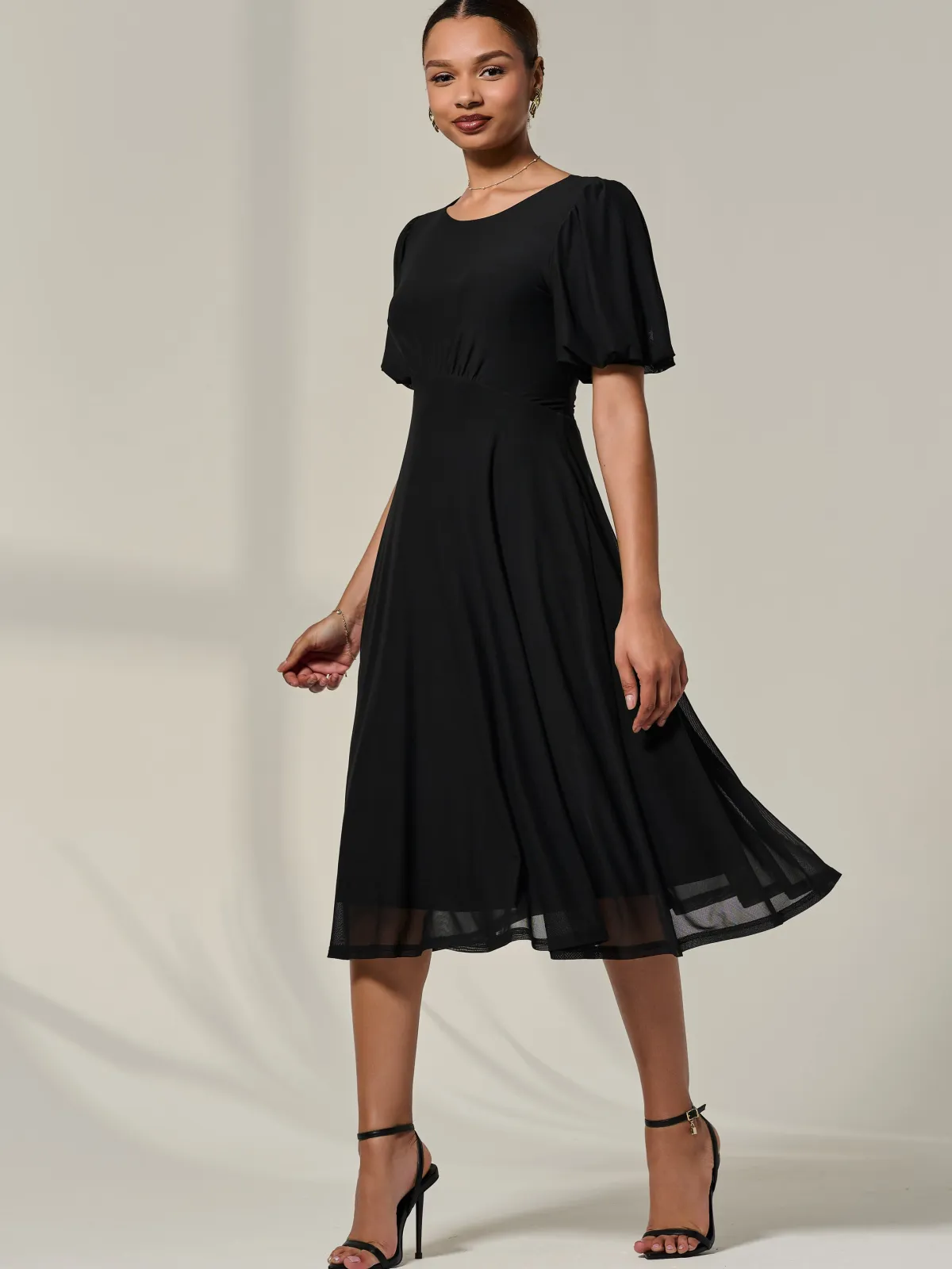Jolie Moi Occasion Dresses|Mesh Dresses-Puff Sleeve Mesh Midi Dress, Black
