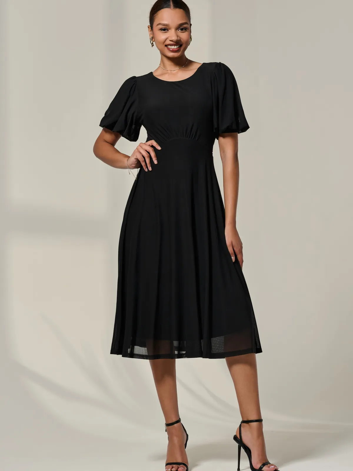 Jolie Moi Occasion Dresses|Mesh Dresses-Puff Sleeve Mesh Midi Dress, Black