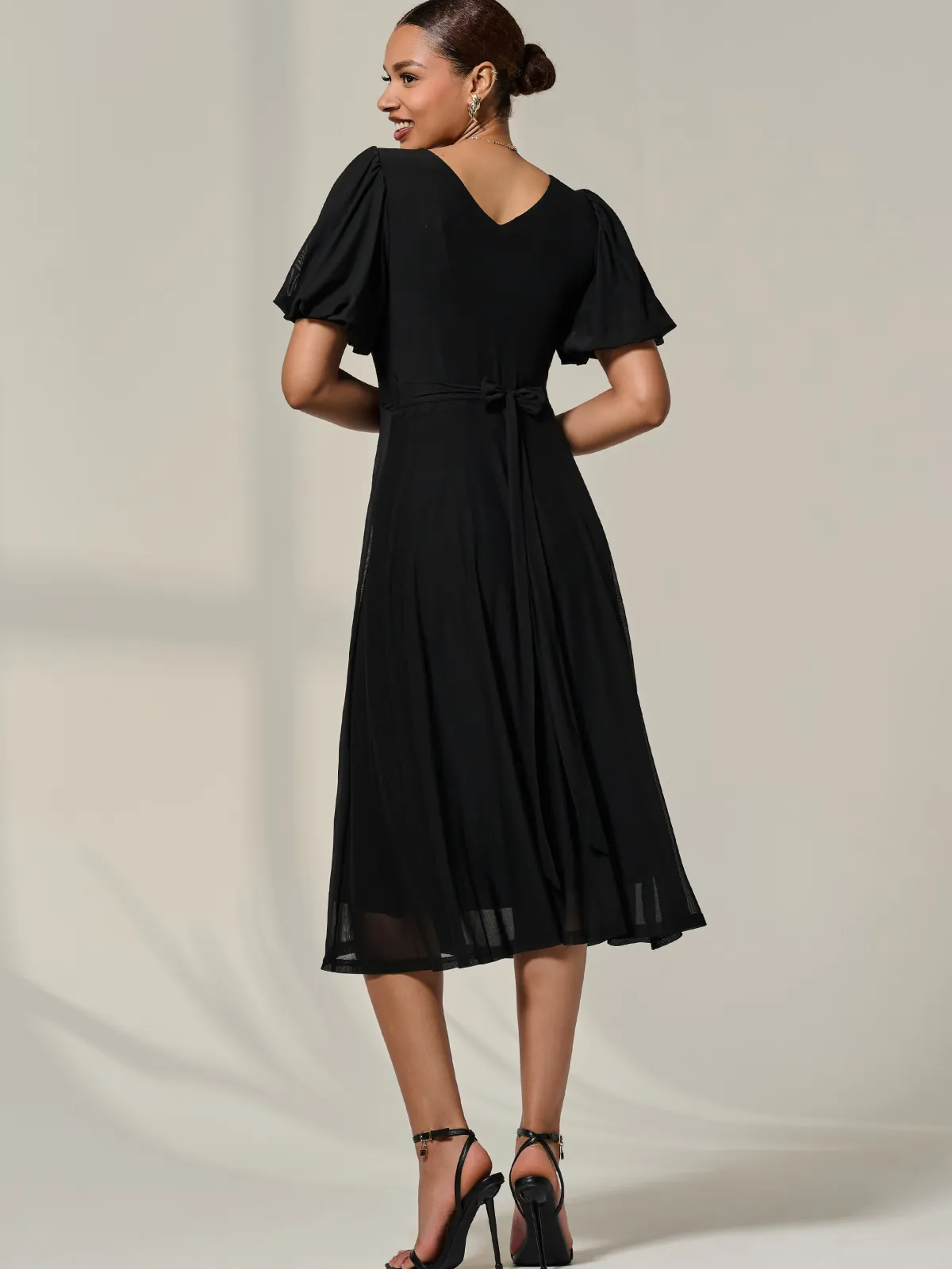 Jolie Moi Occasion Dresses|Mesh Dresses-Puff Sleeve Mesh Midi Dress, Black