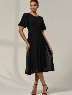 Jolie Moi Occasion Dresses|Mesh Dresses-Puff Sleeve Mesh Midi Dress, Black