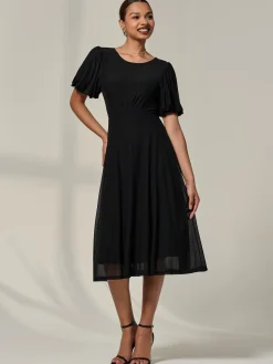 Jolie Moi Occasion Dresses|Mesh Dresses-Puff Sleeve Mesh Midi Dress, Black