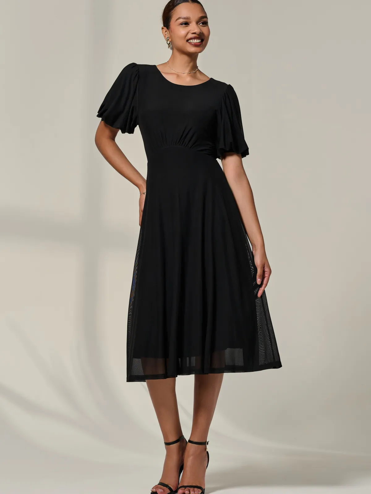 Jolie Moi Occasion Dresses|Mesh Dresses-Puff Sleeve Mesh Midi Dress, Black
