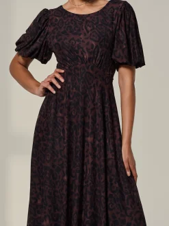 Jolie Moi Occasion Dresses|Mesh Dresses-Puff Sleeve Mesh Midi Dress, Brown Leopard