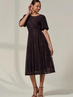 Jolie Moi Occasion Dresses|Mesh Dresses-Puff Sleeve Mesh Midi Dress, Brown Leopard