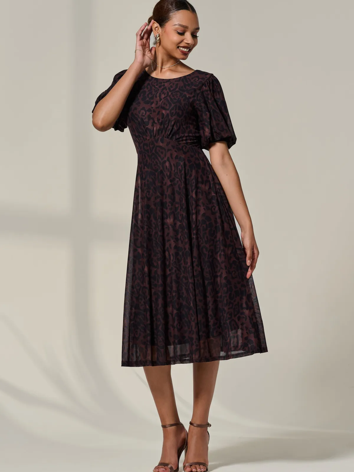 Jolie Moi Occasion Dresses|Mesh Dresses-Puff Sleeve Mesh Midi Dress, Brown Leopard