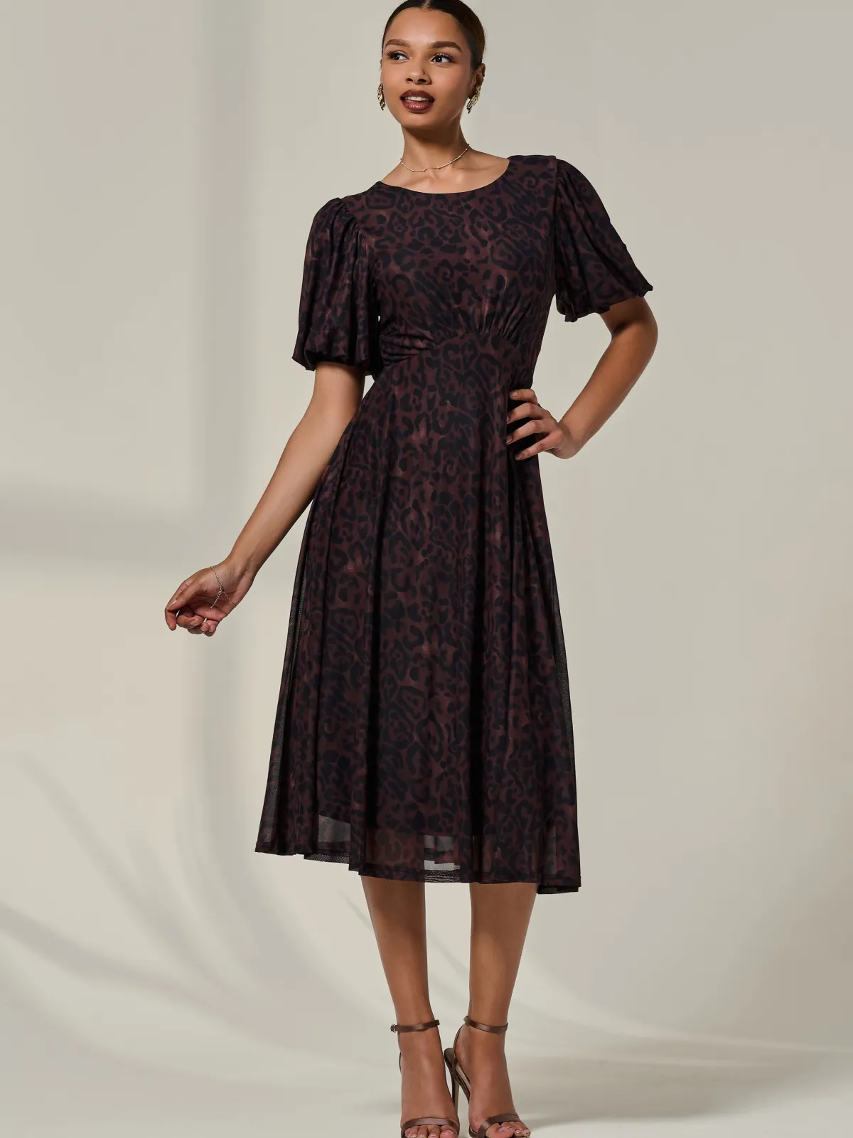 Jolie Moi Occasion Dresses|Mesh Dresses-Puff Sleeve Mesh Midi Dress, Brown Leopard