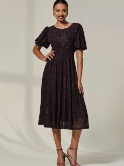 Jolie Moi Occasion Dresses|Mesh Dresses-Puff Sleeve Mesh Midi Dress, Brown Leopard