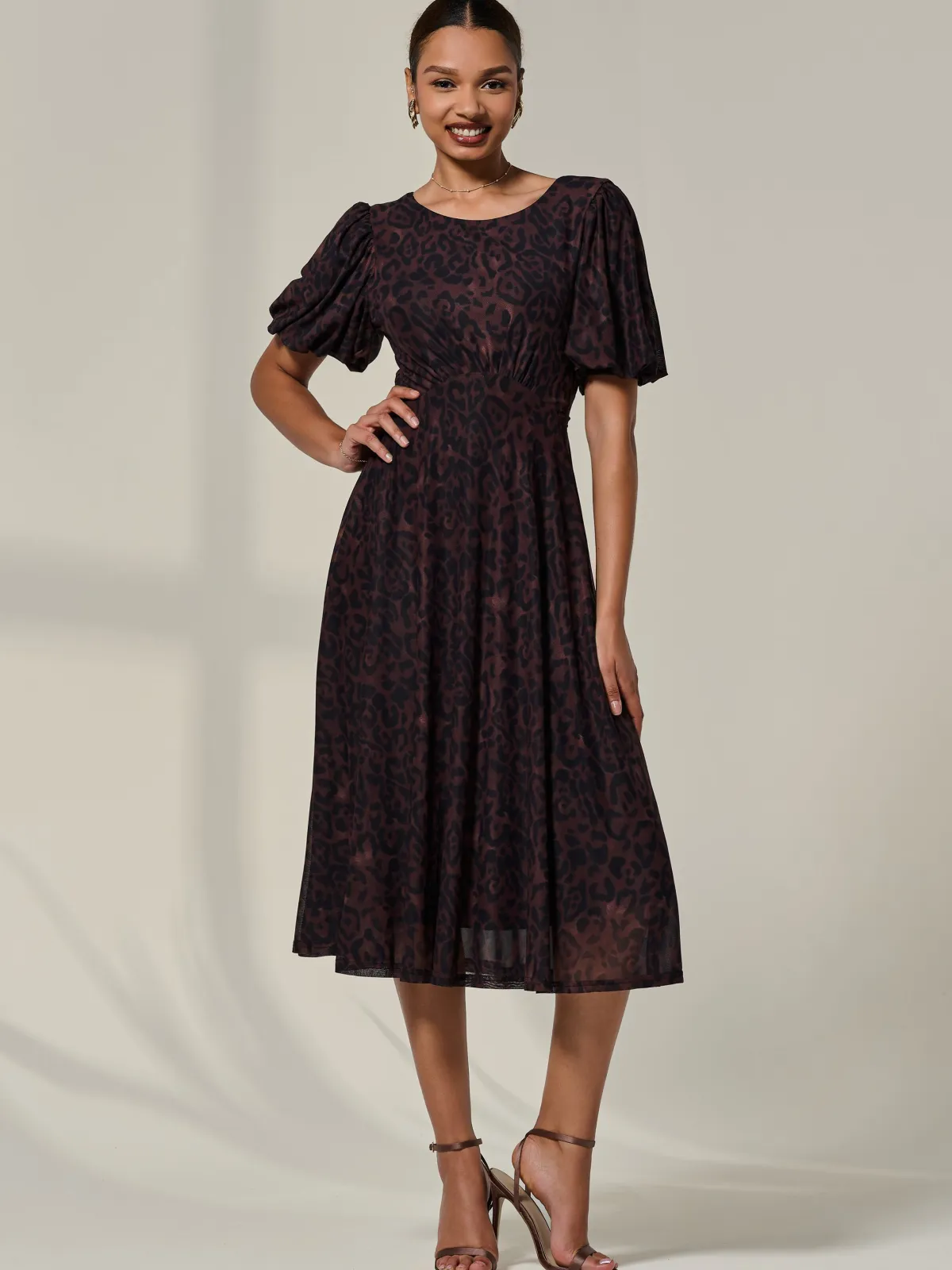 Jolie Moi Occasion Dresses|Mesh Dresses-Puff Sleeve Mesh Midi Dress, Brown Leopard