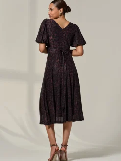 Jolie Moi Occasion Dresses|Mesh Dresses-Puff Sleeve Mesh Midi Dress, Brown Leopard