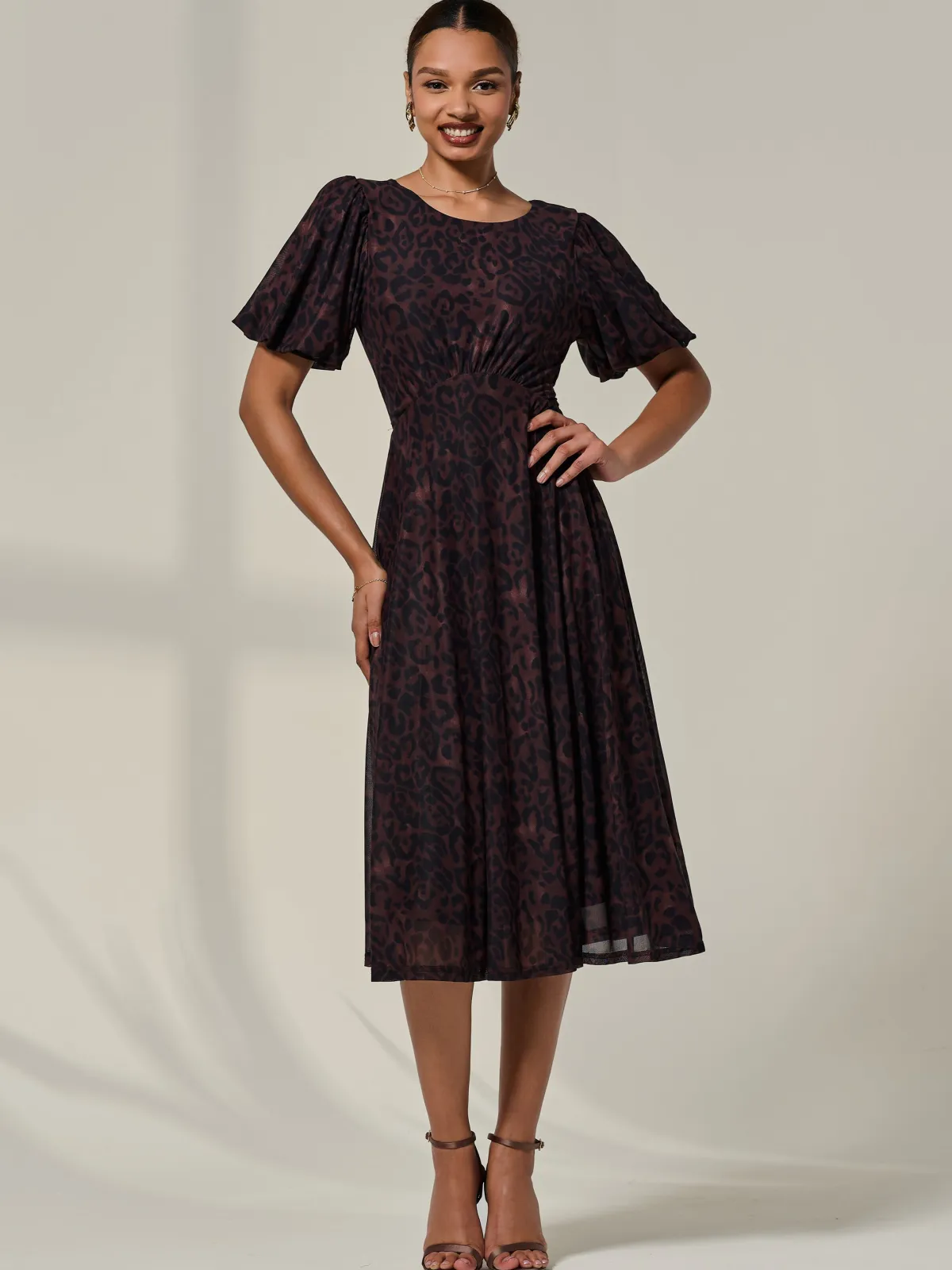Jolie Moi Occasion Dresses|Mesh Dresses-Puff Sleeve Mesh Midi Dress, Brown Leopard