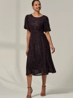 Jolie Moi Occasion Dresses|Mesh Dresses-Puff Sleeve Mesh Midi Dress, Brown Leopard