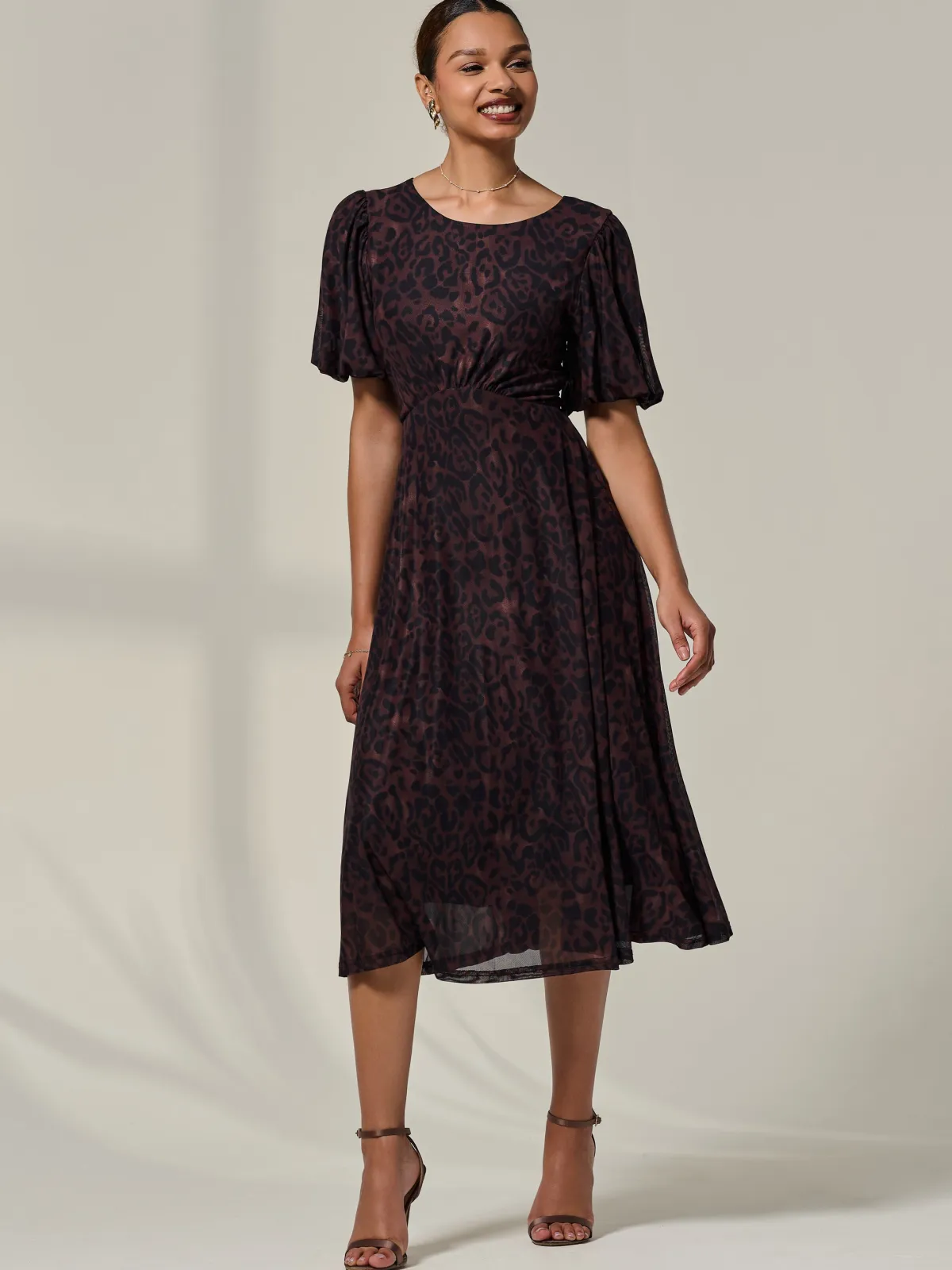 Jolie Moi Occasion Dresses|Mesh Dresses-Puff Sleeve Mesh Midi Dress, Brown Leopard