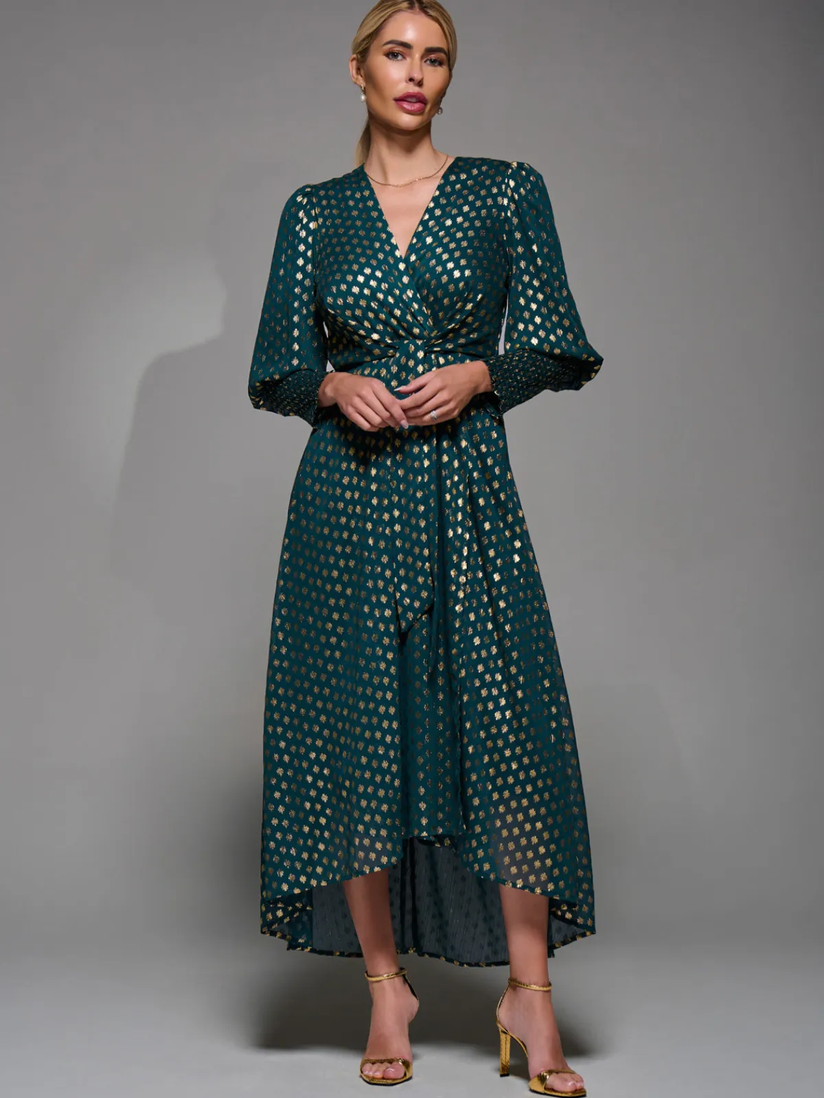 Jolie Moi Occasion Dresses|Mother Of The Bride- Puff Sleeve Metalic Spot Print Dip Hem Midi Dress Dark Green