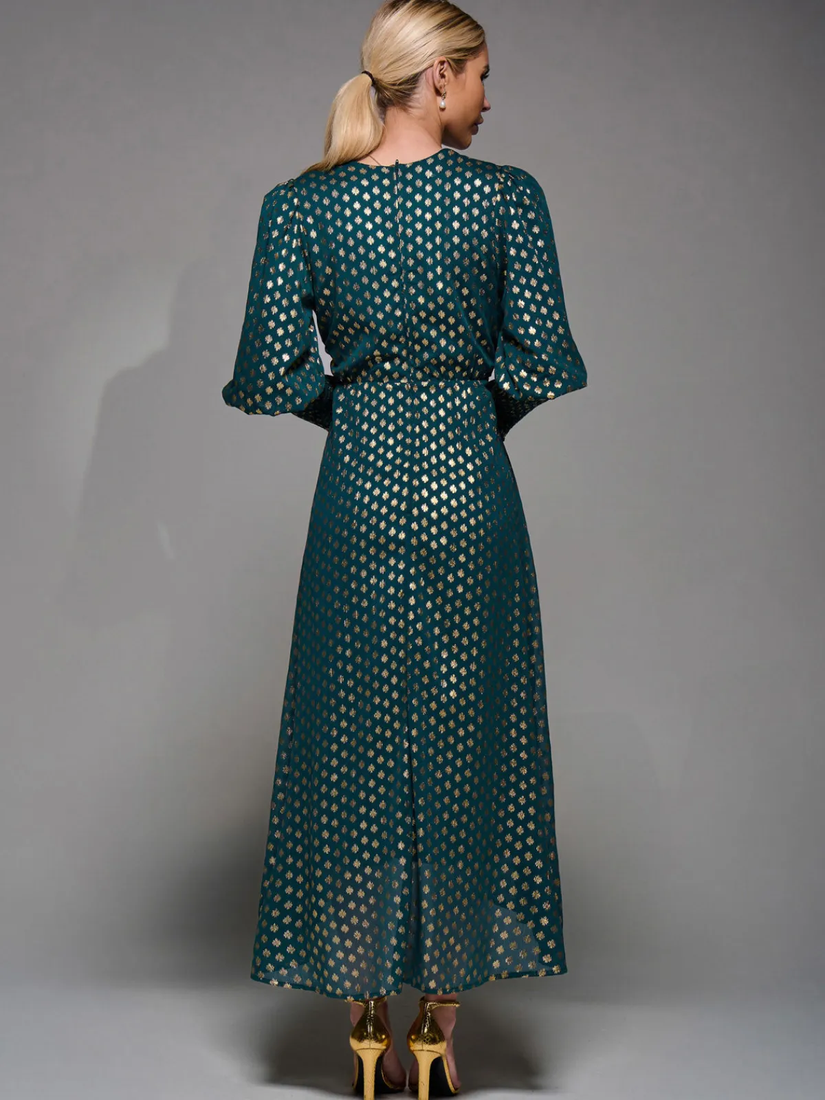 Jolie Moi Occasion Dresses|Mother Of The Bride- Puff Sleeve Metalic Spot Print Dip Hem Midi Dress Dark Green