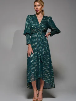 Jolie Moi Occasion Dresses|Mother Of The Bride- Puff Sleeve Metalic Spot Print Dip Hem Midi Dress Dark Green