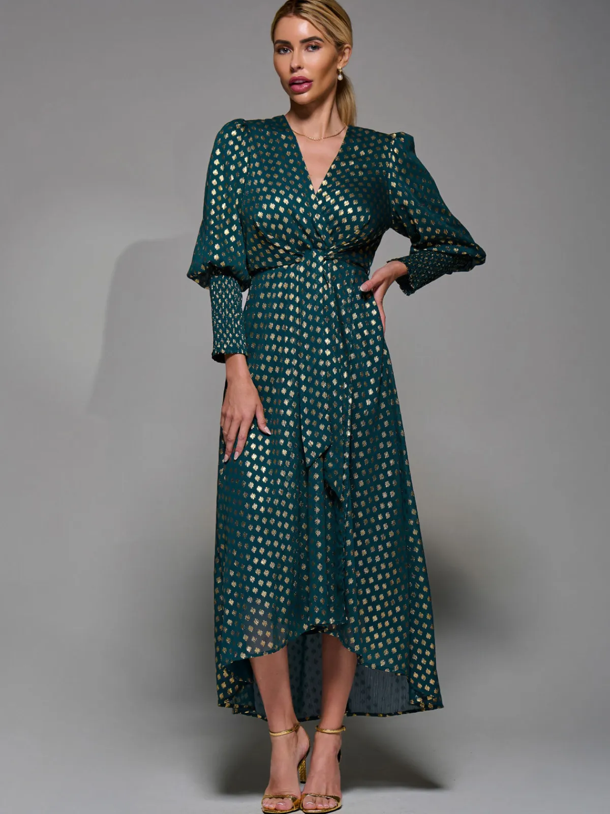 Jolie Moi Occasion Dresses|Mother Of The Bride- Puff Sleeve Metalic Spot Print Dip Hem Midi Dress Dark Green