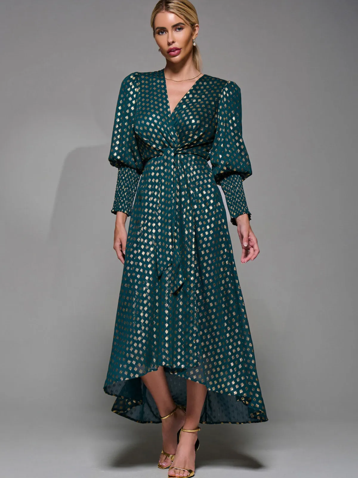 Jolie Moi Occasion Dresses|Mother Of The Bride- Puff Sleeve Metalic Spot Print Dip Hem Midi Dress Dark Green